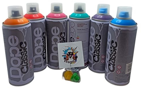 PROGAL COLORS Dope Classic Lot de 6 bombes de peinture acrylique pour graffiti, 400 ml, basse pression, 6 couleurs (bleu bébé, fuchsia, violet moyen, turquoise, orange pastel, rouge) avec 3 buses