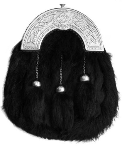 Tartanista - Herren Dress-Sporran für Kilts - Schwarzes Kaninchenfell - Bügel mit keltischen Motiven