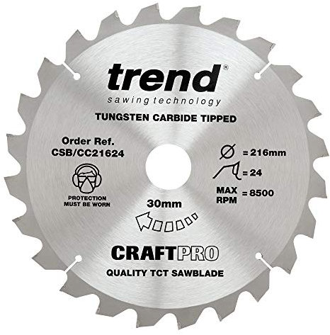Trend Gehrungssägeblatt für Holz, 216 mm Durchmesser, 30 mm Bohrung, 24 Zähne, 2,6 mm Schnittfuge, -5° Haken, TCT, grobe Oberfläche, CSB/CC21624