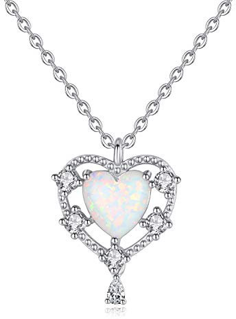 VIKI LYNN Herz Damen Halskette künstlicher Opal und 925 Sterling Silber Herz-Anhänger Geschenk fuer Frauen Mädchen