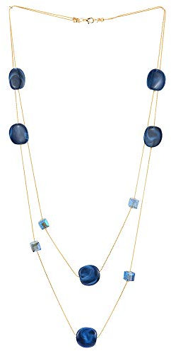 COOLSTEELANDBEYOND Elegante Gold Statement Halskette Zwei Strang Lange Kette mit Blau Würfel Kristall Perlen und Kreis Charme Anhänger