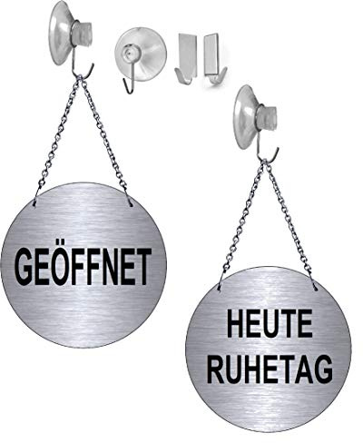 Desi-Schilder Heute Ruhetag/Geöffnet-Alu.-Edelstahloptik-Wendeschild-Infoschild-Hängeschild-Schild-130 mm Ø-Mit Kettchen (139-25 mit Klebehaken)