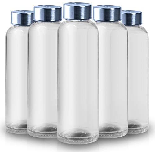 ShyaWorld Botella De Cristal para Agua Cuerpo de Acabado Transparente Tapón a Rosca en Acero Inoxidable. Cajas Individuales por Botella. (Transparente, 500ml (5PCS))