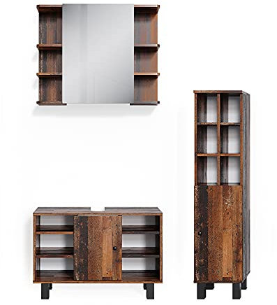 Vicco Badmöbel-Set Fynn, Badezimmerschrank-Set, Antikholz, 3 Teile, mit Midischrank Tür groß