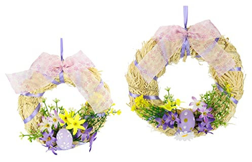 Kranz mit Blüten Ei und Schlaufe aus Bast Deko Ostern Frühling Kranz Eikranz Osterkranz Frühlingskranz Ostertür Türkranz Wandkranz Tischkranz Tischdeko Dekoration Hängen Blütenkranz Bastelbedarf