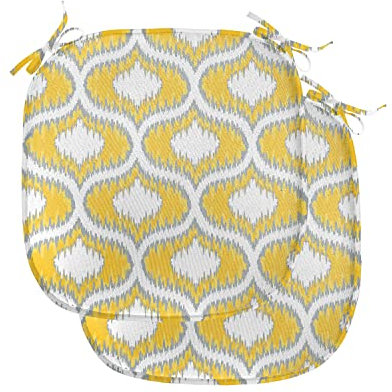 ABAKUHAUS Ikat Polster für Esszimmerstühle, Gelb Vivid ovale Formen, Dekoratives wasserfestes Kissen mit Riemen für Küchensitze, 40 cm x 40 cm-2er Pack, Gelb Grau Weiss