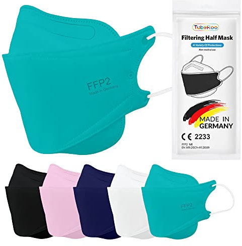 TubeRoo FFP2,Mascarilla con forma de pez turquesa, 20 unidades, fabricada en Alemania, certificado CE, trabillas blandas para las orejas, máscara de protección respiratoria, máscara de pescado