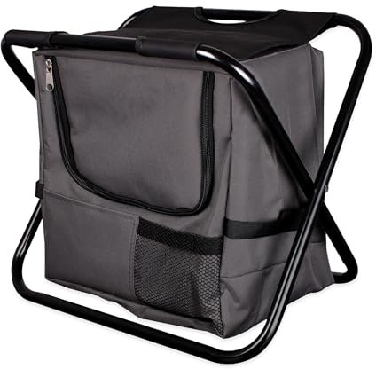 Spetebo Klapphocker 2in1 mit Kühltasche - schwarz - Faltbarer Angelhocker mit Tragegurt - Camping Angel Garten Klapp Falt Hocker mit Tasche und Gurt
