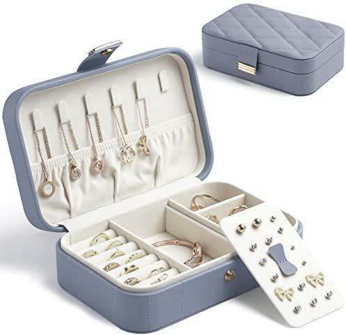 KAMIER Reise Schmuckkästchen für Damen, Schmuckaufbewahrung für Ohrringe, Ring, Halskette, klein Schmuckschatulle für Frauen, Mädchen, Ehefrau, Geschenk, Blaugrau
