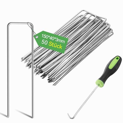 Graxury 50 Pièces 15cm Piquets de Jardin Robustes de Ø 3 mm - Agrafes en Acier Galvanisé pour Fixer Les Toiles Anti-Mauvaises Herbes, Les Filets et Les Tubes avec 1 Crochet de Ramassage