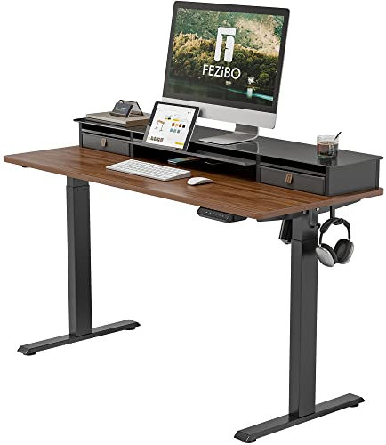 FEZIBO Electric Standing Desk with Glass Top Monitor Stand,120 * 67cm Adjustable Sit Stand Up Table with Double Drawer, Sit Stand Desk with Storage Shelf, Black Frame/Black Walnut Top