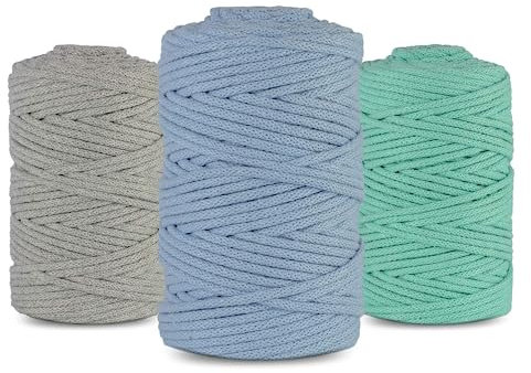 Netuno 3 cordoncini in filato di cotone naturale, da 5 mm e 100 m, fili decorativi per borse, intrecciati, per lavori fai da te in macramè (grigio-blu chiaro-celadon)