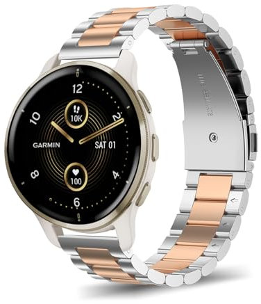 SumRioo 22 mm Strap for Garmin Venu 3/Venu 2/Vivoactive 4/Forerunner 265/255/255 Music, Metal Stainless Steel Band for Huawei Watch GT 5 Pro/5/4/3/2/1(46mm), Silver/Rose Gold