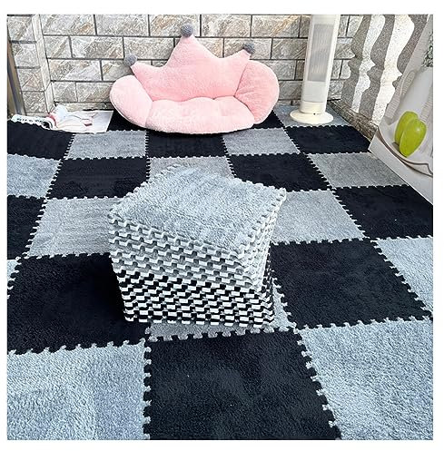 12 Stück – Plüsch-Puzzle-Schaum-Bodenmatte – Ineinandergreifende Teppichfliesen – Flauschige Puzzle-Matten, Quadratische Teppiche, 30 X 30 cm Große Schaumstoff-Bodenfliesen(Color:Grau+Schwarz)