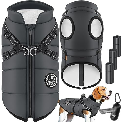LOVPET® Hundejacke Hundemantel mit Geschirr, inkl. 45 Stück Kotbeutel + Spender, Hunde Winterweste gefüttert wasserdicht, Gepolsterte Weste Mit Brustgurt, Reflektoren, D-Ring 4XL, Anthrazit