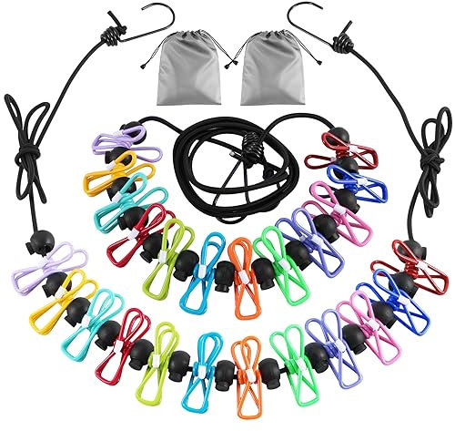 Lot de 2 Fils à Linge de Camping Portables avec 12 Pinces à Linge, Accessoires de Camping et Camping-Car, Corde à Linge de Voyage pour Extérieur et Intérieur, Corde à Linge Rétractable Élastique
