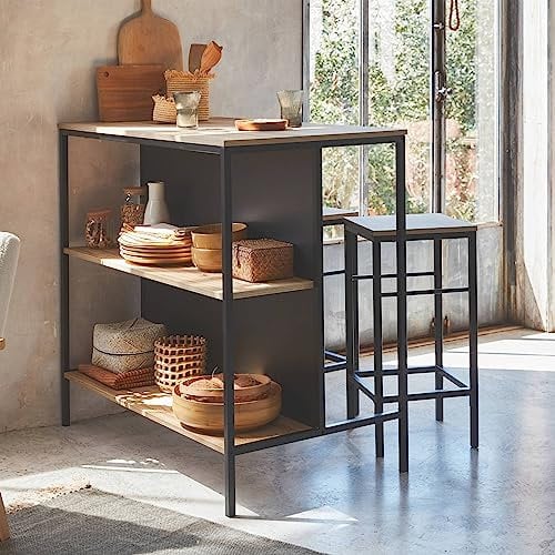 sweeek - Mesa Alta de Madera y Metal, 2 estantes, 2 taburetes, Loft, Natural