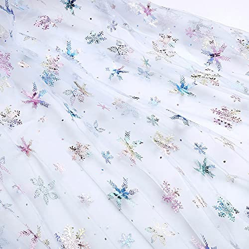 SYSUII 1m * 160cm Chiffon Mit Schneeflocken Dekostoff Kostümstoff Zum Nähen Glitzernder Durchsichtig Tüll Pailletten-Stoff Für DIY Handgemachte Kleidung Hochzeit Kleid Dekoration-Weiß