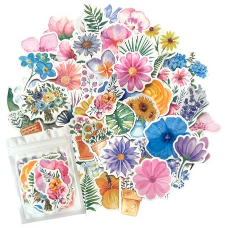 HNTR® Flower Stickers | 50 Scrapbook Stickers Aesthetic | Waterproof Craft Flowers for Journals, Bottles, Laptops & DIY Projects