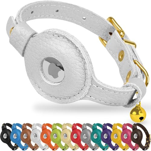 OOPSDOGGY Cat Collar with Bell for AirTag - Non Breakaway Leather Kitten Collar with Apple Air Tag Holder - Lightweight Integrated GPS Pet Collars for Girl Boy Cats, Small Dogs, Puppies (White)