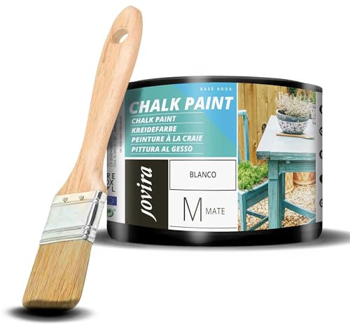 JOVIRA PINTURAS Pintura Tiza - Chalk Paint al Agua Mate + Pincel especial para madera. Renueva tus muebles con creatividad. (375 Mililitros, Blanco + Pincel)