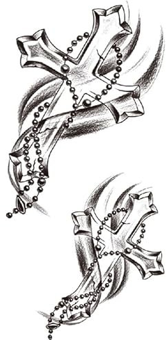 BeyondTattoos Kreuz mit Rosenkranz Temporäres Tattoo Schwarz Wasserfest 20 x 12 cm Religiöses Tattoo für alle Altersgruppen