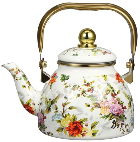 Luxshiny Enamel Tea Kettle: Retro Gas Teapot Water Heating Teapot Coffee Pot Water Boiling Kettle with Strainer for Stovetop Home Kitchen Housewarming - 1L