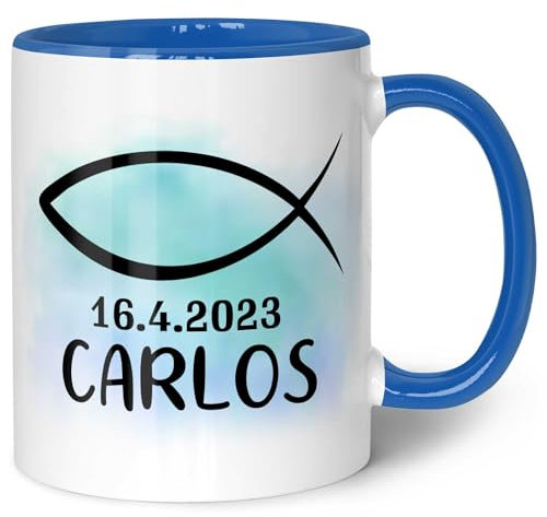 GRAVURZEILE Bedruckte Tasse - zur Konfirmation - Personalisiert mit Namen & Datum - Gastgeschenk zur Kommunion Konfirmation oder Firmung - Geschenk für Jungen & Mädchen - Farbe: Boy Blau