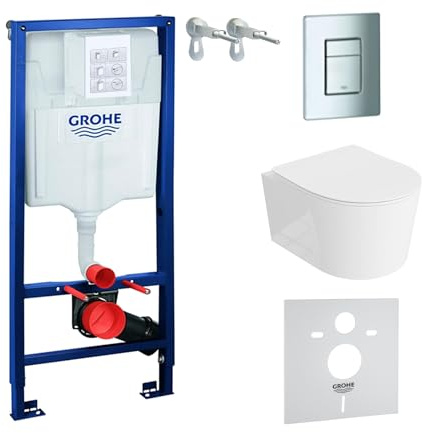 LAVITA Vorwandelement Solido + Wand Hänge WC Loso Weiß Spülrandlos + WC Sitz mit Absenkautomatik Verchromter Knopf Komplettset Unterputz Spülkasten Toilette Komplett Sett WC