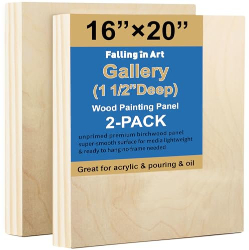 Falling in Art 2 Pack Unfinished Wooden Canvas Panels, 16x20 Gallery Birch Wood Panels Kit, 1 1/2 Deep Art Cradle Boards for Acrylic Painting, Pouring and Burning