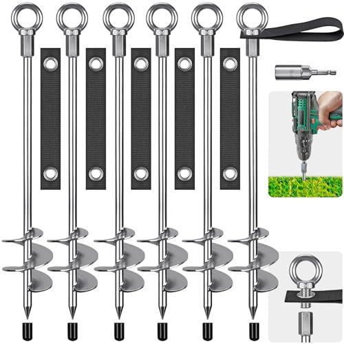 Insaga Zeltheringe, Metall Zelt Heringe Stabil Erdnägel Erdanker Zelthaken Bodenanker 76cm Schraube in Trampolin Kit für Schaukel-Kit/Camping/Schuppen/Hund/Carport mit Fester Schlaufenband, 6 Stück