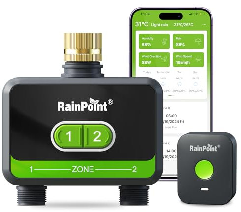 RainPoint WiFi Water Timer for Garden Hose with Brass Inlet, 2-Zone Smart Hose Timer, WiFi Irrigation Controller, Automatic Sprinkler Watering System for Lawns and Yard