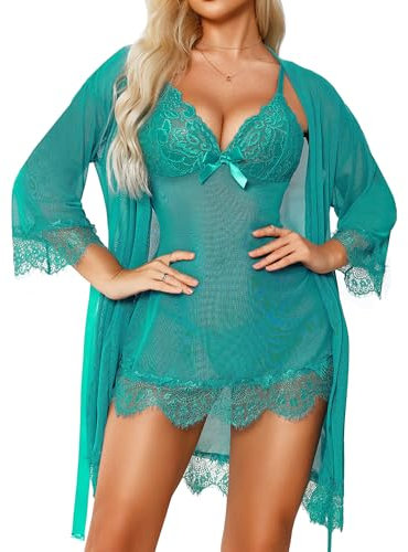 RSLOVE Sexy Lingerie for Women Lace Babydoll with Robe Nightdress Sleepwear Blue Green Small