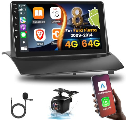 [8 Core 4G+64G] Car Radio for Ford Fiesta 2009 2010 2011 2012 2013 2014, 9 inch Android Touch Screen Stereo, DSP 32 EQ/IPS Screen/Carplay/Android Auto/SWC/Bluetooth 5.0/WiFi