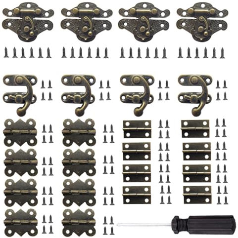 EAEDMY 24 Sets Retro Jewelry Box Hinges and Latches Hardware, Small Bronze Brass Latch Hinges for Wooden Jewelry Box and Decorative Cabinet, with Matching Screws Kit(Catch*8 + Hinges*16) (24)