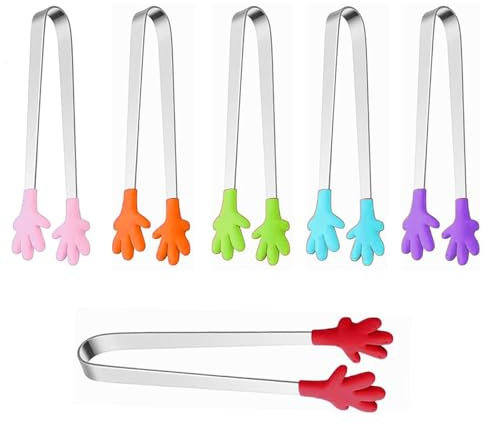 Mini Pinzas de Mano,6 PCS Silicona Pinzas Forma Mano Silicona con Antideslizante de Mano Pinzas Forma Mano Pinzas Hielo Pinzas Hielo Acero Inoxidable para Dulces de Galletas de Cubitos de Hielo