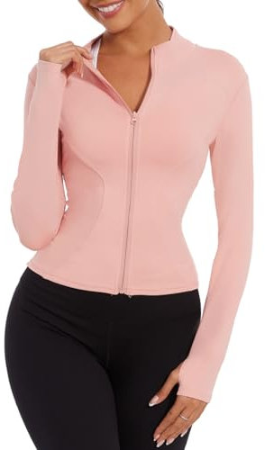 Yutdeng Veste de Sport Veste de Course à Pied pour Femme avec Fermeture Éclair Intégrale Veste Respirante à Manches Longues Léger Haut avec Trous pour les Pouces pour Yoga Running,Rose,L