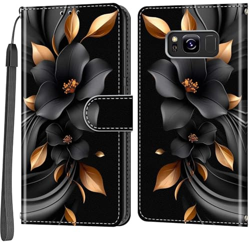Wallet Case for Samsung Galaxy S8, Leaves and flowers | Card Slots, Kickstand, Shockproof, Magnetic Closure, PU Leather, Flip Wallet Book, Lanyard Strap