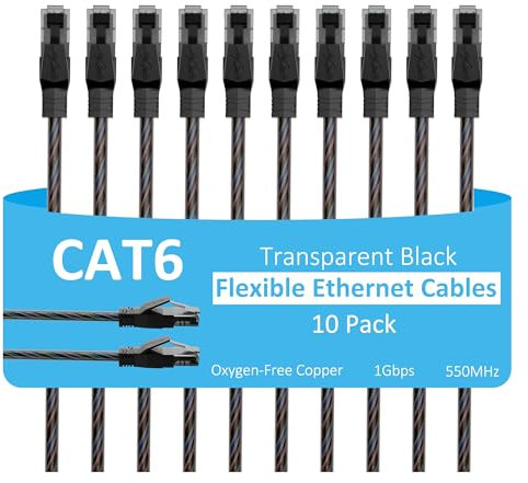 Cat6 Ethernet Cable 6 FT (10-Pack), Snagless Cat 6 Patch Cable, Upgraded Transparent Flexible PVC Jacket, OFC Oxygen-Free Copper, 1Gbps, Internet Network Cable, Cat6 Cables, UTP, Black Cable -10 Pack