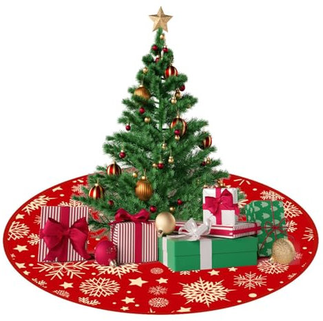 ANBOO Weihnachtsbaum Decke Rund Rot, 90cm Groß Christbaumdecke Schneeflocken Stern Baum Rock, Tannenbaum Weihnachtsbaumdecke Christmas Tree Skirt Für Weihnachtsbaum Weihnachts Dekoration