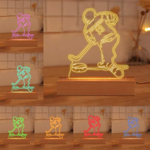 MYZQIFF Personalisierte Hockey Spieler 3D Illsuion Lampe für Jungen, kundenspezifische Namensnummer Dimmable Led Hockey Nachtlicht, Weihnachten Geburtstag Hockey Geschenke