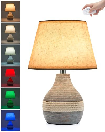 Kabellose Keramik Tischlampe mit Timer, Dimmer, Leinenschirm, Fernbedienung tischleuchte, Kleine Akku Tischlampe Aufladbar, Mid Century moderne Nachttischlampe, Schlafzimmer Wohnzimmer Beistelltisch