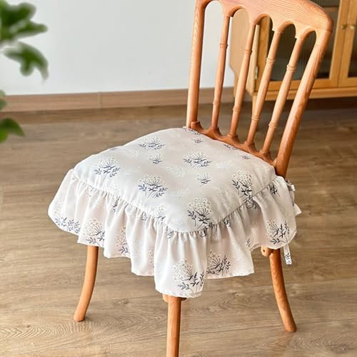 HUGDSB 2er-Pack Sitzkissen aus französischer Baumwolle, rutschfeste weiche Stuhlauflage, Sitzbezug mit Rüschenrock mit Bändern und Baumwollfüllung for Holz-Essstuhl(White)