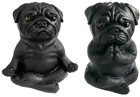 Kityemo 2er-Set Yoga-Mops-Skulpturen - Meditierende Mops-Figuren für Feengarten, Zen-Deko, Sammelbare Tischornamente für Zuhause, Büro oder Geschenk (Schwarz)