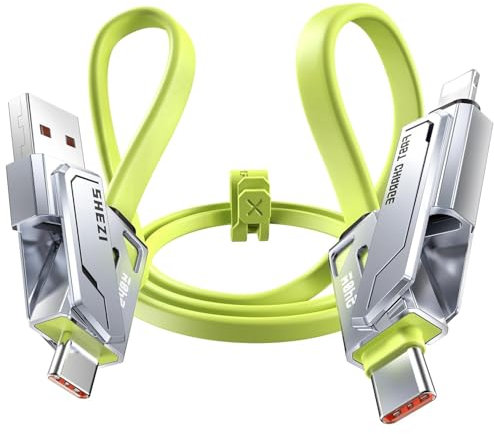 SHEZI 4-IN-1 USB C to USB C Charger Cable, Soft Silicone [240W1.5M] PD Fast Compatible With Lightning Chargin Cord, Type C Charger Cable, for iPhone 16 15 14 13/Samsung/iPad/Macbook/Laptop, Green