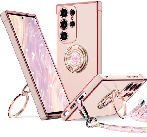 XYZ Cover per Samsung Galaxy S25 Ultra con Supporto, Custodia con Doppio Anello a Forma di Cuore con Cordino per Ragazze e Donne, Custodia Protettiva Ussuosa per Samsung S25 Ultra, Rosa