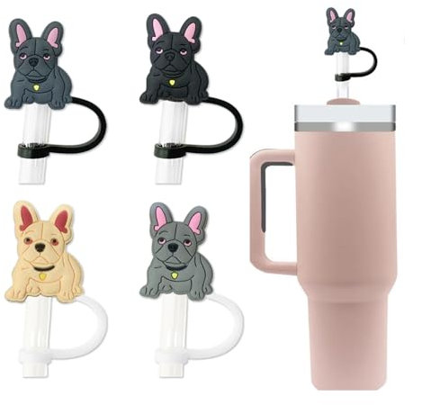 4 piezas lindo bulldog pajita cubierta para Stanley Cup 10 mm material de silicona a prueba de polvo Pajita accesorios pajitas tapa de paja cubierta para vaso de 30oz/40oz accesorios