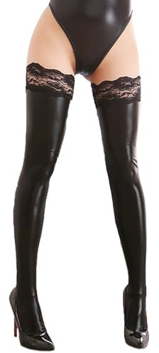 Kutocesy Leder Overknee Strümpfe Stockings Damen Sexy Wetlook Latex Rutschfest Strumpfhosen Dessous Cosplay Strümpfe Slim (Black)