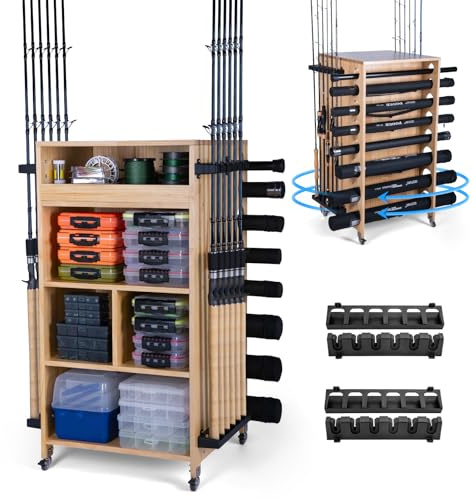 Goture Holz-Aufbewahrungsschrank für Angelausrüstung mit Angelrutenhalter und Platz für Angelboxen und Taschen mit Rollen für einfaches Bewegen, Rutenhalter zur 12 Ruten Geschenke für Männer und Väter