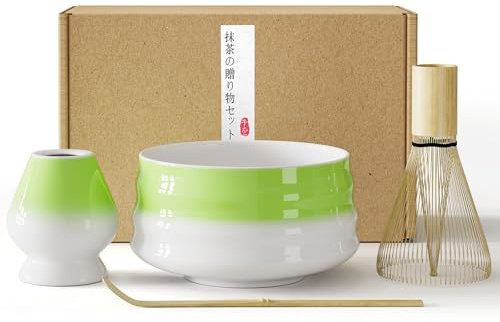 LIIGOU 4PCS Matcha Set Japanese Tea Ceremony Matcha Kit with Bamboo Matcha Whisk Ceramic Bowl Scoop & Holder Handmade Matcha Making Kit for Tea Drinking Matcha Gift Set for Beginners and Enthusiasts